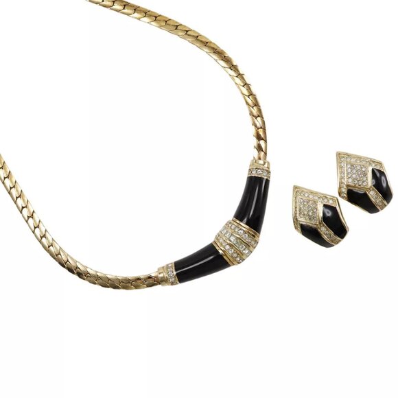 Dior Earing set Necklace vintage Plated Gold/Rhinestone 35.0g Women